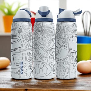 May include: Three white water bottles with blue accents and a detailed line drawing of kitchen tools and baking items. The bottles have a flip-top lid and the word "owala" is printed on one of the bottles.