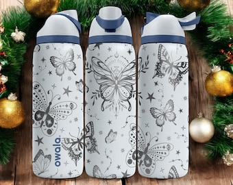 Butterflies Engraved Owala Bottle – Elegant Floral and Star Pattern – Magical Holiday Gift Stainless Cup 16oz 24oz 32oz 40oz