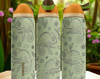 Engraved Chameleon Water Bottle – Owala Tumbler with Jungle Reptile Design – 16oz 24oz 32oz 40oz Gift for Nature and Lizard Lovers