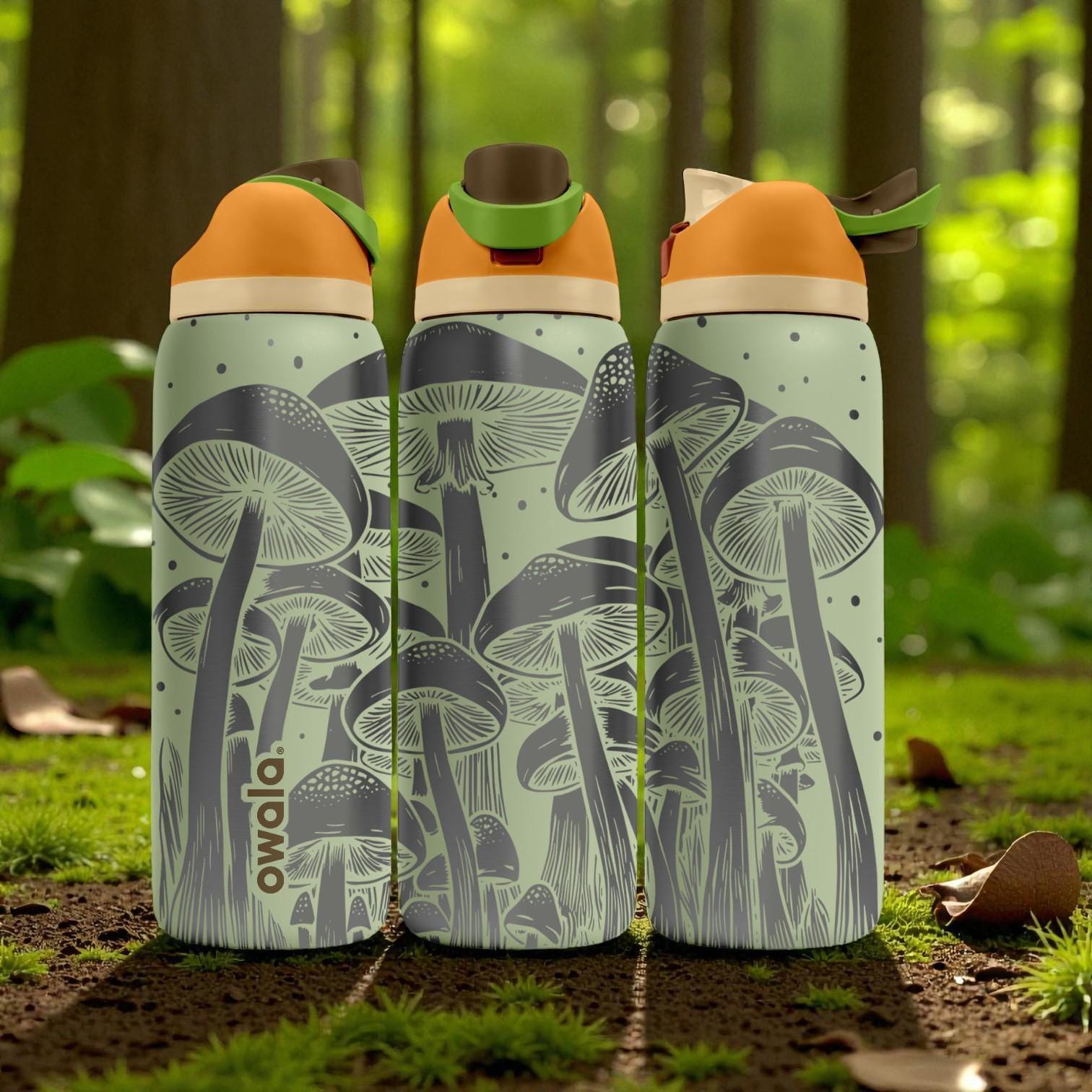 Engraved Mushroom Forest Owala Bottle – Tall Fungi Woodland Design