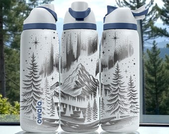 Northern Lights Owala Bottle – Engraved Mountain and Stars Wrap – Stainless Steel Cup 16oz 24oz 32oz 40oz
