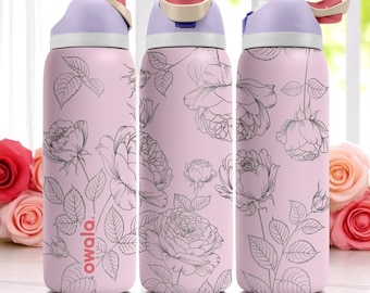 Elegante roos gegraveerde Owala-beker – 16 oz 24 oz 32 oz 40 oz bloemenwaterfles – romantisch cadeau voor haar of tuinliefhebbers