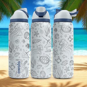 May include: Three white water bottles with blue accents and a sea life design. The bottles feature a screw-on lid and a flip-top spout. The bottles are decorated with illustrations of jellyfish, turtles, starfish, and other sea creatures.