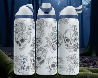 Floral Skull Engraved Owala Bottle – Gothic Rose & Skull Art – Dark Aesthetic Stainless Cup 16oz 24oz 32oz 40oz  ⸻