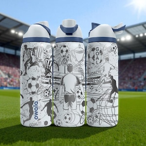 Soccer Action Engraved Owala Bottle – Player Silhouettes, Goal Net & Trophy Pattern – Sports Gift Stainless Cup 16oz 24oz 32oz 40oz  ⸻