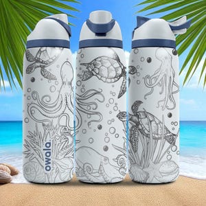 Turtle & Octopus Ocean Tumbler – 16oz 24oz 32oz 40oz Custom Engraved Owala FreeSip Bottle – Sea Life Gift for Beach Lover