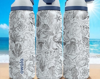 Ocean Life Engraved Owala Tumbler – 16oz 24oz 32oz 40oz Sea Turtle & Jellyfish FreeSip Cup – Beach Gift for Her