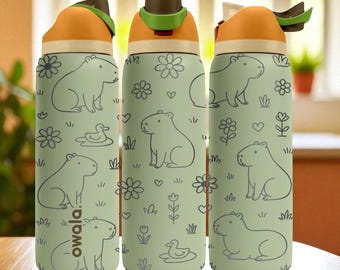 Engraved Capybara Water Bottle – Cute Owala Tumbler with Flowers and Ducks – 16oz 24oz 32oz 40oz Gift for Animal Lovers
