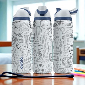 May include: Three white water bottles with blue accents and medical-themed illustrations. The bottles feature a flip-top lid and a carrying strap. The bottles are decorated with medical equipment and the word "owala".
