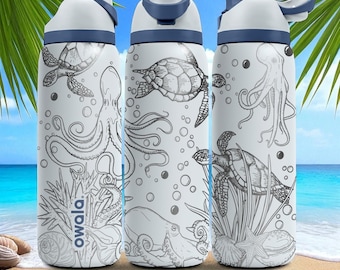 Turtle & Octopus Ocean Tumbler – 16oz 24oz 32oz 40oz Custom Engraved Owala FreeSip Bottle – Sea Life Gift for Beach Lover