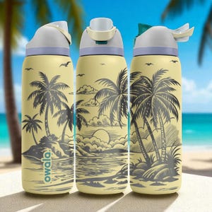 Tropical Island Engraved Owala Tumbler – Palm Trees Sunset Beach Scene – Summer Gift – 40oz 32oz 24oz Bottle image 1