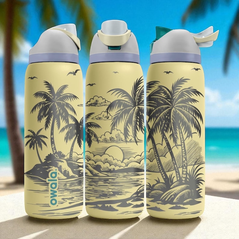 Tropical Island Engraved Owala Tumbler – Palm Trees Sunset Beach Scene – Summer Gift – 40oz 32oz 24oz Bottle image 1