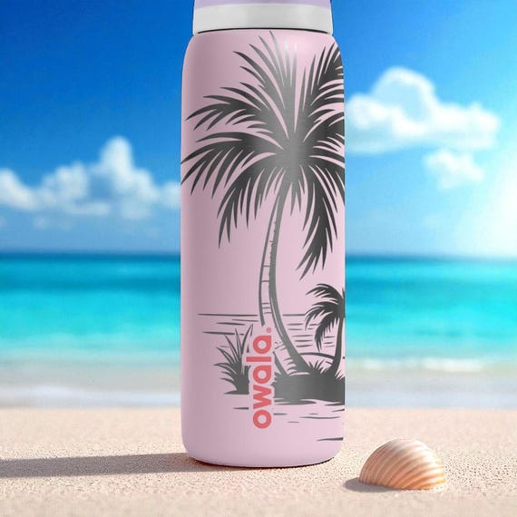 Engraved Flamingo Beach Owala Bottle – Tropical Sunset Palm Tree