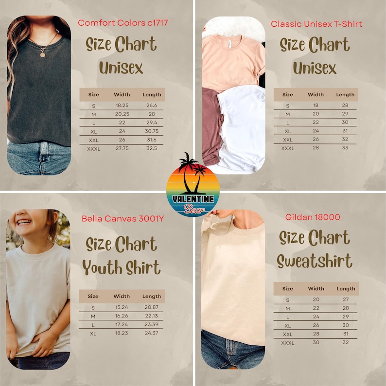 May include: A graphic showing size charts for various apparel items, including unisex t-shirts, youth shirts, and sweatshirts. The charts display sizes, widths in inches, and lengths in inches for each garment type. The brand names are Comfort Colors, Bella Canvas, and Gildan.