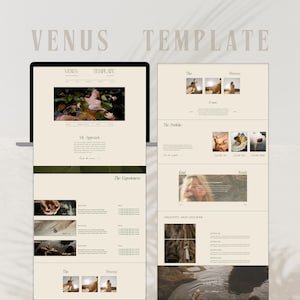 May include: A laptop and a tablet display a website template with the words "VENUS TEMPLATE" at the top. The website design features a neutral color palette with images and text sections. The website's content includes "My Approach" and "The Experiences."