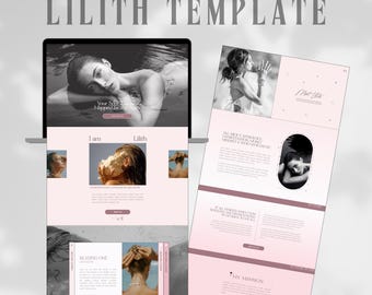 Könnte beinhalten: Ein Laptop, der eine Website-Vorlage mit dem Text "LILITH TEMPLATE" anzeigt. Das Website-Design weist ein sanftes Rosa- und Weiß-Farbschema mit Bildern einer Frau auf. Der Text "Your Soul Mapped by the Stars" ist sichtbar.
