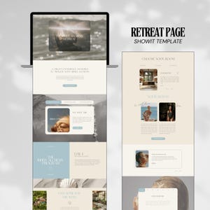 以下が含まれることがあります： 「RETREAT PAGE SHOWIT TEMPLATE」のテキストが入ったノートパソコンとウェブページのレイアウト。 ウェブデザインは、部屋の選択、ホスト、プログラムの詳細のセクションを備えた明るいカラーパレットが特徴です。 画面には「INNER ALCHEMY RETREAT」という言葉が表示されます。