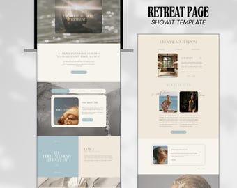 May include: A laptop and a webpage layout with the text "RETREAT PAGE SHOWIT TEMPLATE". The webpage design features a light color palette with sections for room selection, hosts, and program details. The screen displays the words "INNER ALCHEMY RETREAT".