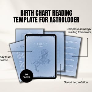 May include: A light blue birth chart reading template for astrologers. The image shows a tablet and several pages with text and illustrations. The tablet displays an Aries zodiac sign. The text includes "Ready to be delivered", "80 pages", and "Deep interpretation".