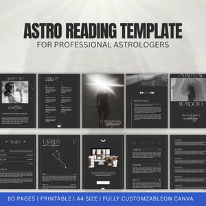 Pode incluir: Modelo de leitura astro para astrólogos profissionais. O design apresenta um fundo cinza escuro com texto e gráficos brancos. O modelo inclui páginas com títulos como "About Me", "Mars" e "Taurus". O texto "80 páginas | Imprimível | Tamanho A4 | Totalmente personalizável no Canva" está na parte inferior.