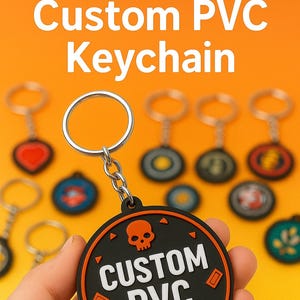 Peut inclure: Un porte-clés personnalisé en PVC noir et orange avec un motif de crâne et le texte "Custom PVC Keychain". L'image montre également d'autres porte-clés avec divers motifs. Le fond est orange et jaune. Le texte "Personalized Gift" est également visible.