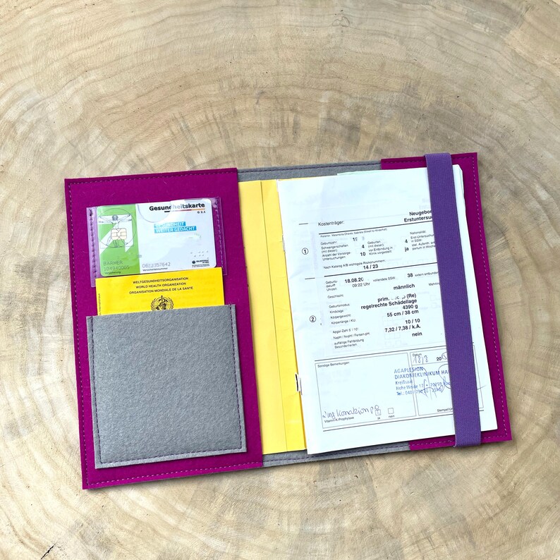 Baby record book cover made of wool felt CHICOS - customizable with name - many color combinations Magenta-Grau