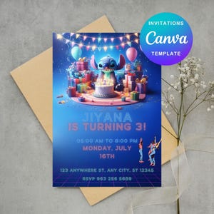 Convite de aniversário editável Stitch e Lilo, convites para festa de aniversário infantil para impressão, convite digital para festa infantil, convite de aniversário Stitch