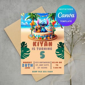 Convite de aniversário editável Stitch, convite de festa de aniversário para impressão, convite digital para festa infantil Stitch, modelo editável Canva, download