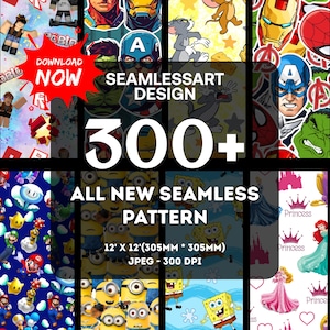 Op de afbeelding: Een levendige collage van naadloze patroonontwerpen met stripfiguren en popcultuuriconen. De afbeelding bevat de tekst "DOWNLOAD NOW" en "SEAMLESSART DESIGN 300+". De patronen zijn 305 mm x 305 mm groot.