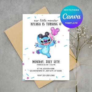 Verjaardagsuitnodiging Stitch and Angel: bewerkbare en afdrukbare sjabloon – prachtige uitnodiging voor de verjaardag van je kleintje, bewerkbaar op canvas