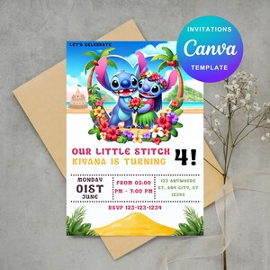 Verjaardagsuitnodiging Stitch and Angel, bewerkbare en afdrukbare sjabloon – prachtige uitnodiging voor de verjaardag van je kleintje, bewerkbaar op canvas