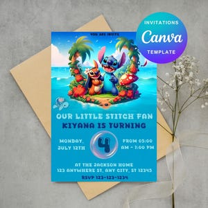 Modelo de convite de aniversário editável Stitch, convites para festa de aniversário para impressão, convite digital para festa infantil, convite digital para cartão de aniversário