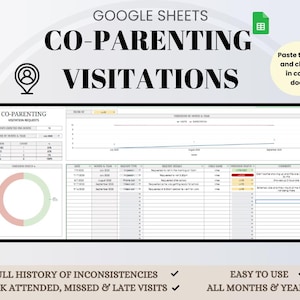 May include: A digital spreadsheet titled "Co-Parenting Visitations" with data tables, charts, and the text "Paste tables and charts in court docs." The spreadsheet includes the text "Full history of inconsistencies," "Track attended, missed & late visits," "Easy to use," and "All months & years."