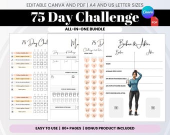 75 Day Challenge Bundle, Daily Habit Tracker, Canva & PDF (Digital Download