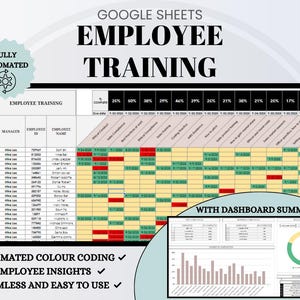 May include: A Google Sheets document titled "EMPLOYEE TRAINING" with a table showing employee progress. The document includes automated colour coding, employee insights, and a dashboard summary. The document is fully automated and easy to use.