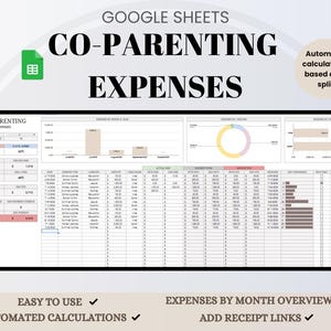 May include: A digital spreadsheet titled "CO-PARENTING EXPENSES" with data tables, charts, and the Google Sheets logo. The spreadsheet includes automated calculations, expense overviews, and receipt links. Text on the image reads "Easy to use" and "Automated calculations."