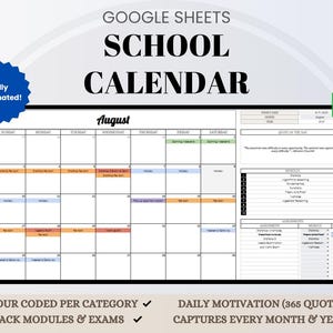 Op de afbeelding: Een digitale schoolkalendersjabloon voor Google Sheets. De kalender is per categorie gecodeerd met kleuren en bevat dagelijkse motivatiecitaten. De kalender toont de maand augustus en houdt modules en examens bij. Volledig geautomatiseerd.