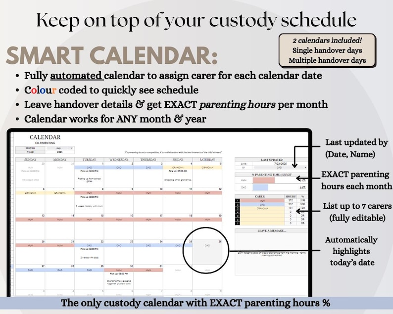May include: A digital calendar with the text "Keep on top of your custody schedule" and "SMART CALENDAR". The calendar is color-coded and includes features for assigning carers, tracking parenting hours, and works for any month and year.
