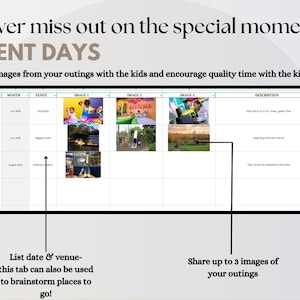May include: A digital planner page titled "EVENT DAYS" with text and image placeholders. The page encourages sharing outing images with kids. Includes sections for date, month, venue, and image uploads, with space for descriptions. The top text reads "Never miss out on the special moments."