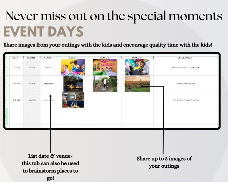 May include: A digital planner page titled "EVENT DAYS" with text and image placeholders. The page encourages sharing outing images with kids. Includes sections for date, month, venue, and image uploads, with space for descriptions. The top text reads "Never miss out on the special moments."