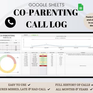 May include: A digital co-parenting call log template in Google Sheets. The document includes sections for call details, charts, and summaries. Text on the image includes "Co-Parenting Call Log", "Easy to Use", and "Full History of Calls".