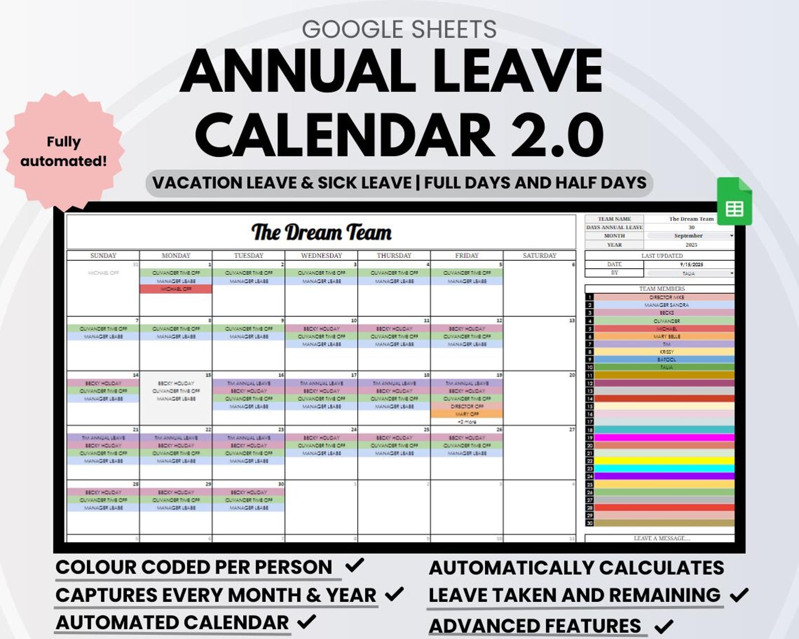 Advanced Employee Vacation Tracker Annual Leave Tracker Google Sheets ...
