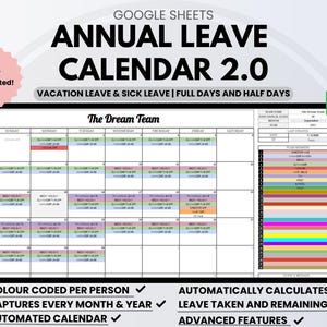 Advanced Employee Vacation Tracker Annual Leave Tracker Google Sheets Calendar Spreadsheet