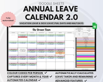 Advanced Employee Vacation Tracker Annual Leave Tracker Google Sheets Calendar Spreadsheet