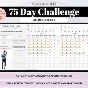 75 Day Challenge Tracker Spreadsheet, Health & Fitness Habit (Google Sheets Template)
