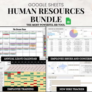 Könnte beinhalten: Eine digitale Grafik, die ein Human Resources Bundle für Google Sheets zeigt. Das Bild zeigt verschiedene Tabellen, darunter einen Jahresurlaubskalender, Mitarbeiterschulungen und einen New Hire Tracker. Der Text enthält "Human Resources Bundle" und "The Most Powerful HR Tool."