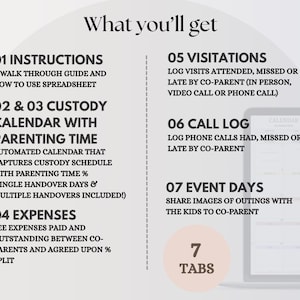 May include: A digital graphic with the text "What you'll get" and numbered sections detailing features of a custody calendar spreadsheet. Sections include instructions, calendar, expenses, visitations, call log, and event days. A laptop screen is visible.