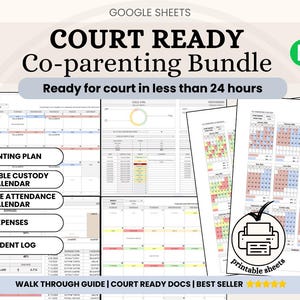 Può includere: Un pacchetto digitale di co-genitorialità con il testo "COURT READY Co-parenting Bundle" e "Ready for court in less than 24 hours." Il pacchetto include calendari stampabili, piani genitoriali e tracker delle spese. L'immagine presenta un logo di Google Sheets.