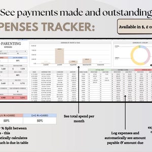 May include: An expenses tracker spreadsheet with the text "See payments made and outstanding EXPENSES TRACKER:". The spreadsheet includes sections for co-parenting expenses, payment tracking, and expense categorization. Available in $, &pound; or &euro;.