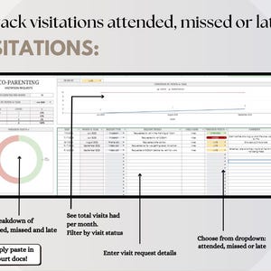 May include: A digital spreadsheet displays co-parenting visitation data. The text reads "Track visitations attended, missed or late!" with options to enter visit details, filter by status, and view a breakdown of visits. A pie chart and line graph are also visible.